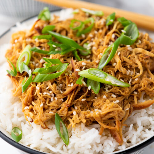 A bowl of fluffy white rice topped with slow-cooked soy honey garlic chicken, sprinkled with sliced green onions and sesame seeds, served with chopsticks on the side.