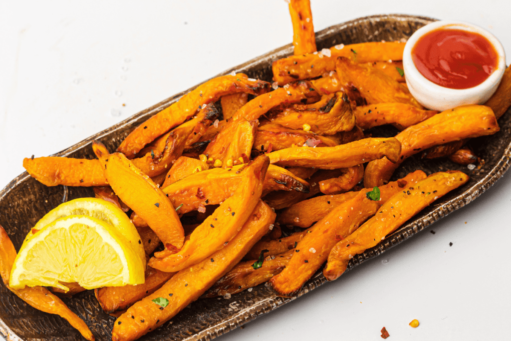 An air fryer plate of seasoned sweet potato fries sits invitingly beside a lemon wedge and a small bowl of ketchup.